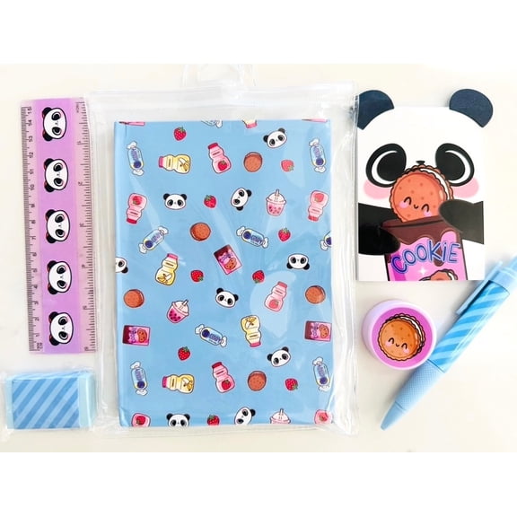 Claire's Panda Cookie Pouch Stationery Set Notebook Pen Pencil Sharpener Eraser Ruler