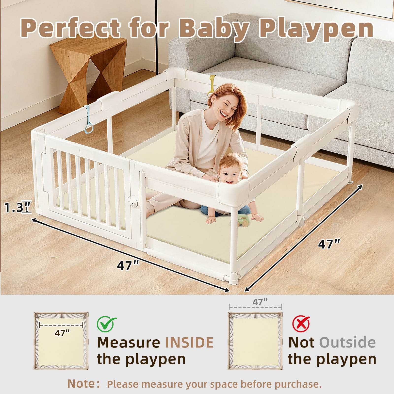 Teler Leather Baby Play Mat, 1.3" Thick Leather Crawling Mat, Cushioned & Waterproof Soft Playmat for Toddlers, Infants, 47" x 47", Beige