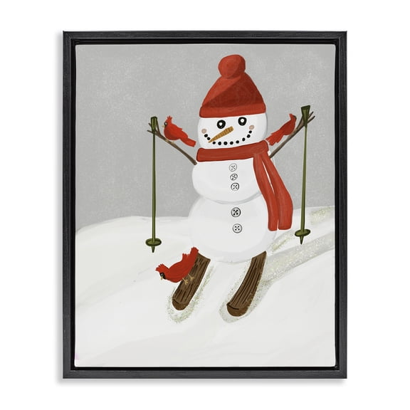 Stupell Industries Eclectic Snowman Skiing with Cardinals Black Floating Frame Canvas Art, 17 x 21, by Kristal Clifford