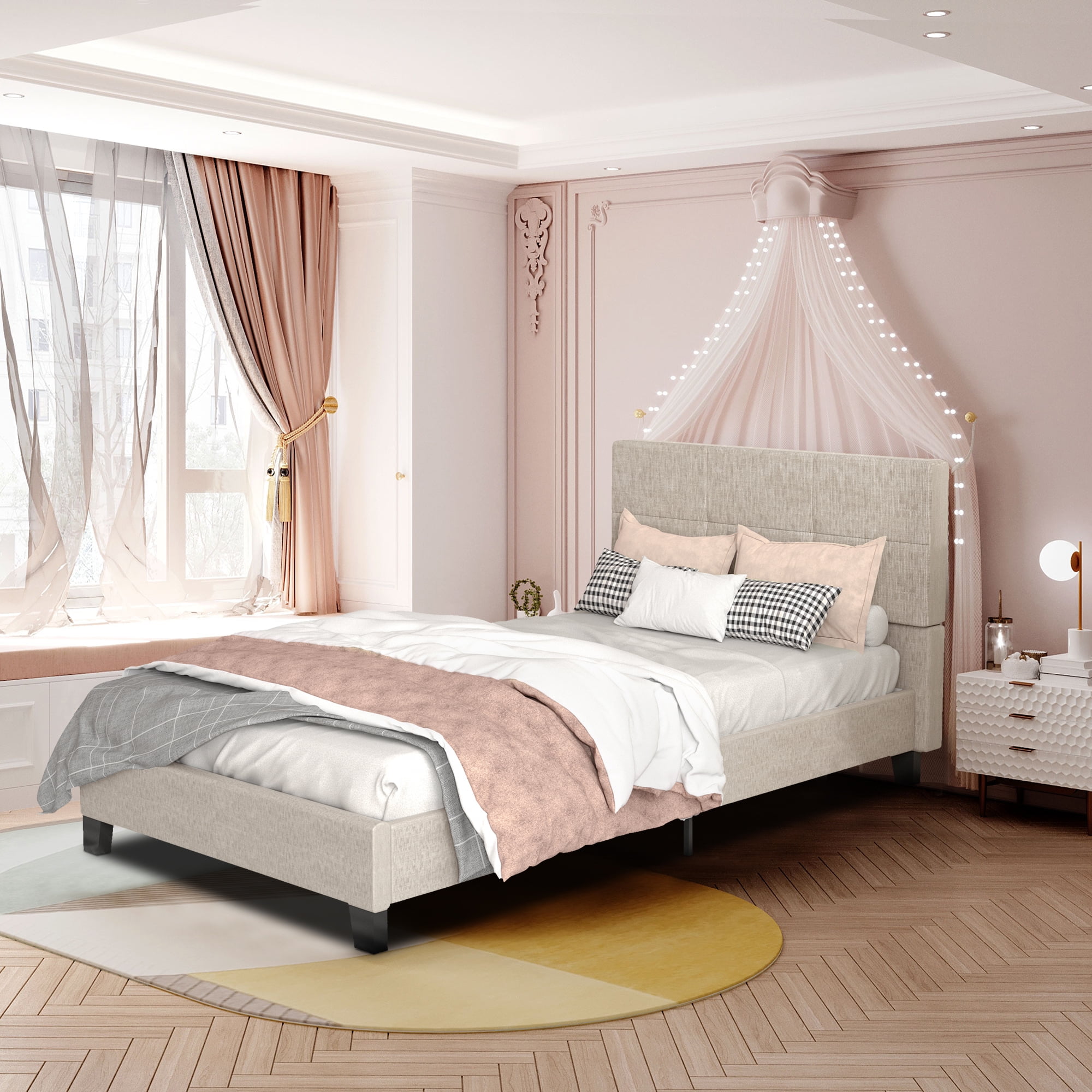 Beige Twin Bed Frame for Kids Adults, Modern Fabric Upholstered