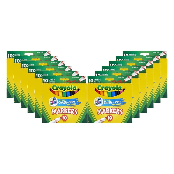 Crayola Broad Line Art Markers, Classic Colors, 10 Count, in Pack of 12