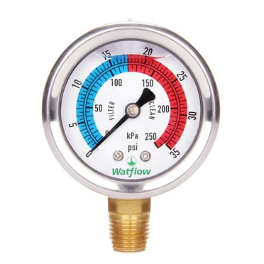 Watflow 2" Dial Pool Filter Pressure Gauge, Glycerine Filled, 304 Stainless Steel, 1/4" NPT