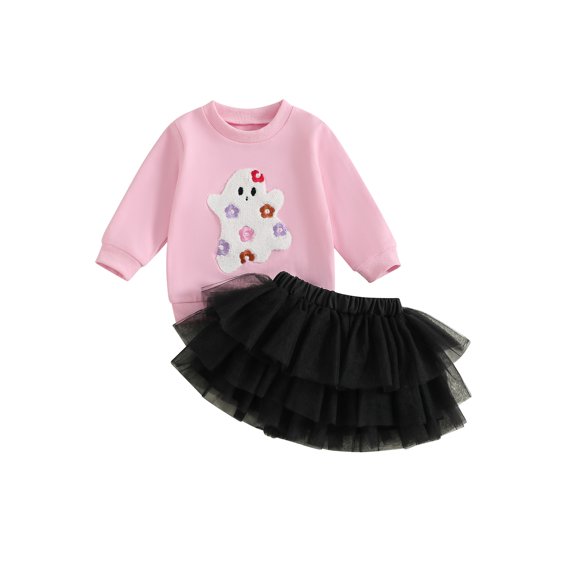 Toddler Baby Girl Halloween Outfit 1-6 Years Kids Ghost Embroidered Long Sleeve Sweatshirt Elastic Waist Tulle Skirt 2Pcs Cute Fall Clothes Set