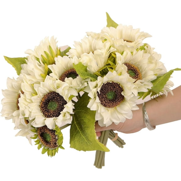 2pcs Artificial Sunflower Bouquets,22 Inch Bouquet with 9pcs Silk Sunflowers,Artificial Flowers for Wedding Bridal Bridesmaid,Rustic Home Décor Centerpiece,White and Green
