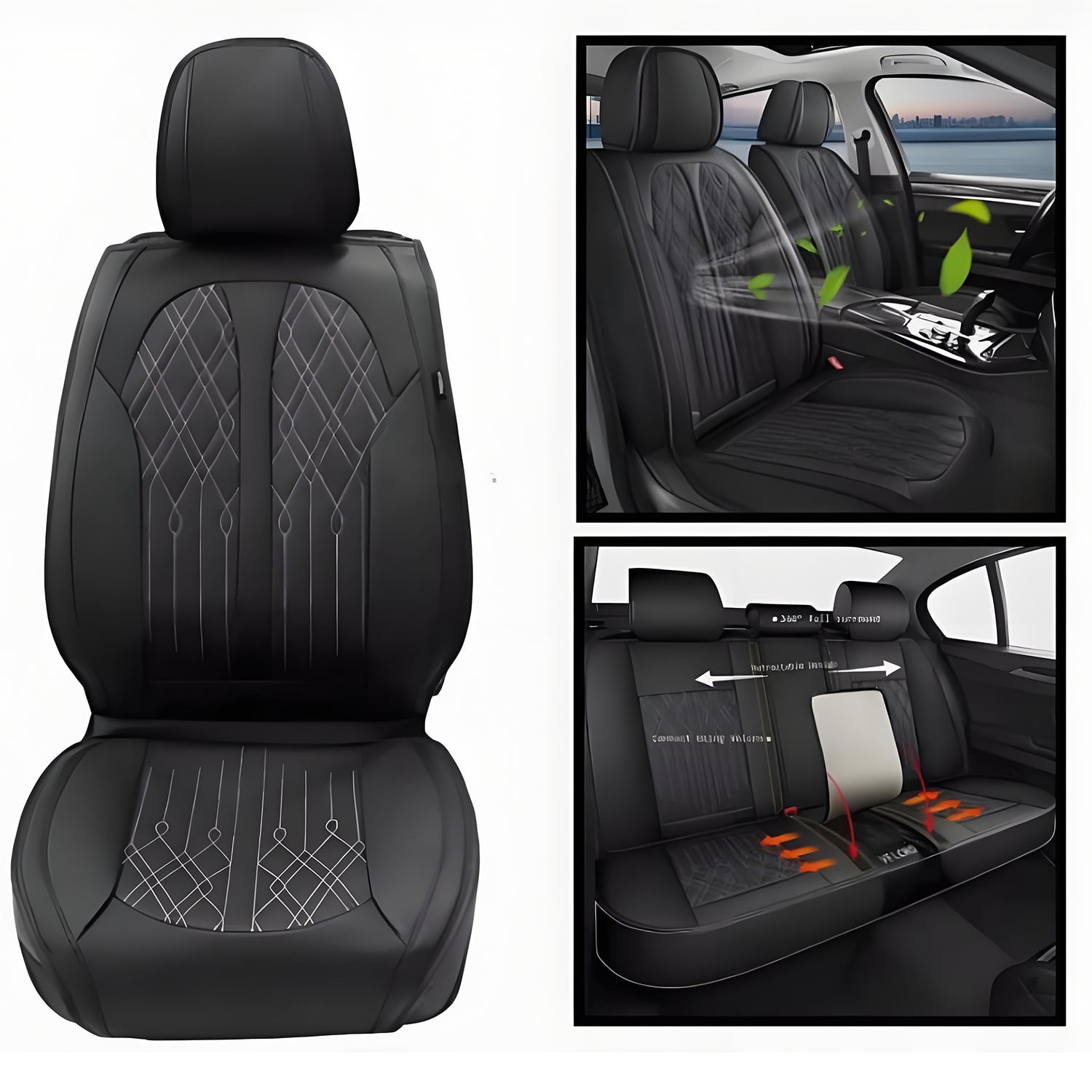 BaiCH Car Seat Covers, Breathable and Waterproof Faux Leather Automotive Seat Covers for Cars SUV Truck Sedan,Universal Anti-Slip Driver Seat Cover with Backrest (Full Seat, Black)