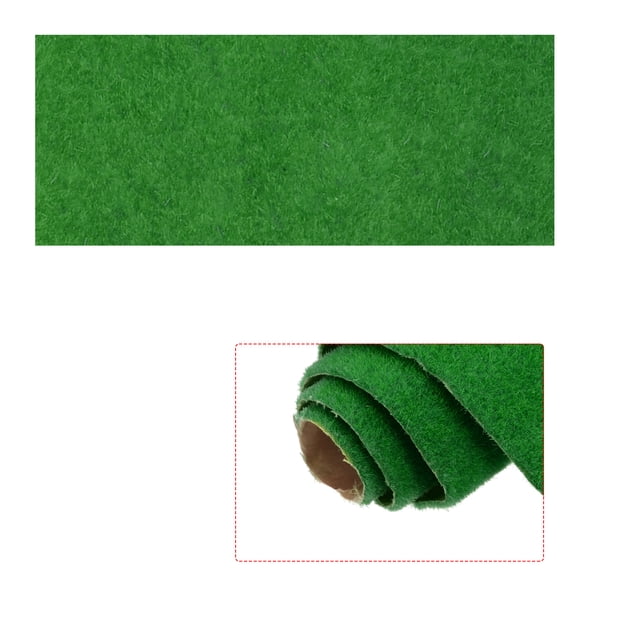 artificial modelo césped estera 19.7 x 39 oscuro verde realista falso césped para jardín césped decoración modelo Alfombrilla rectangular de césped artificial verde oscuro, vista frontal que muestra la textura de fibras cortas y densas; detalle de un rollo cortado que revela el respaldo textil marrón y el grosor de 3 mm. Tamaño del producto 50 x 100 cm; apta para decoración de jardín, maquetas y proyectos de bricolaje.
