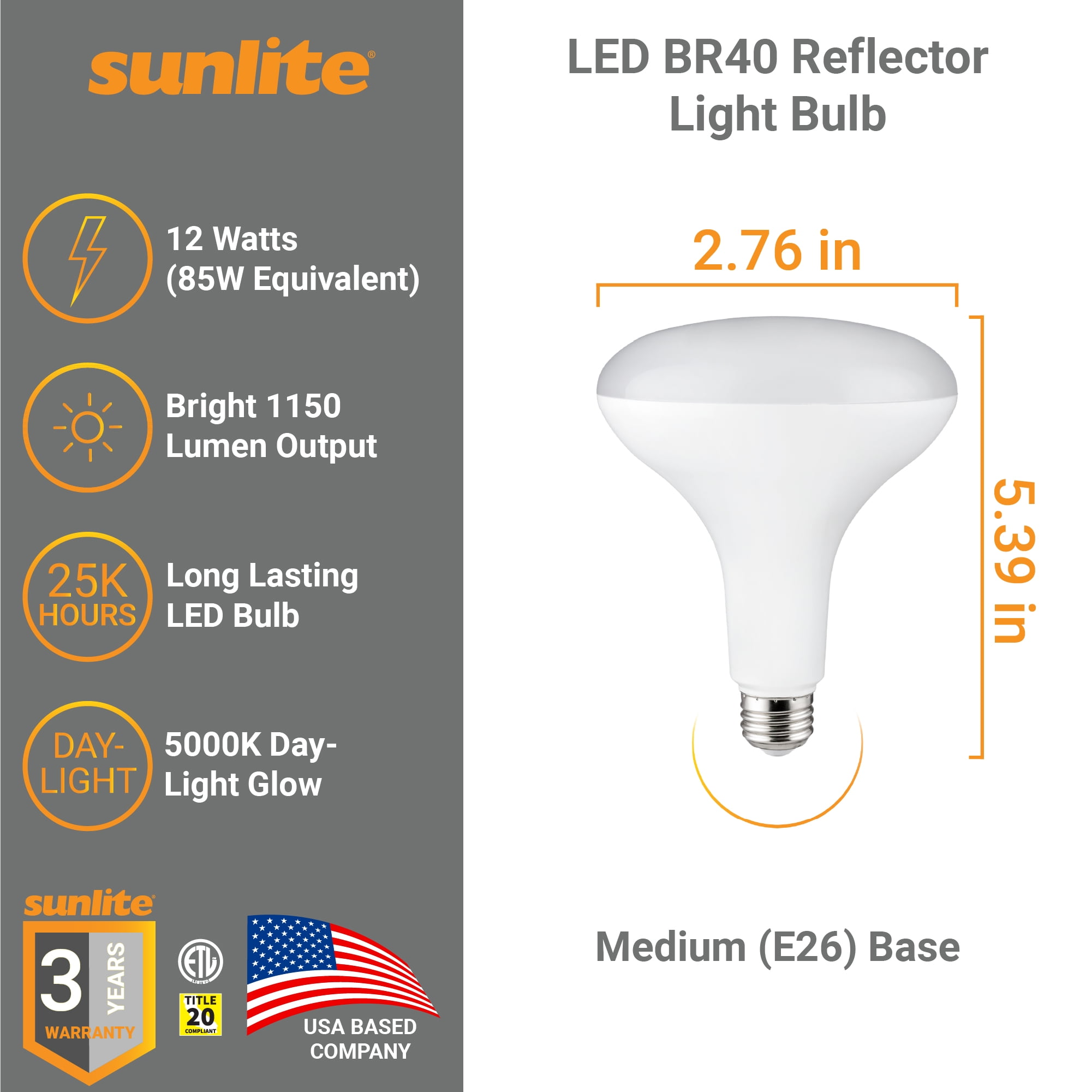 Sunlite LED BR40 Reflector Light Bulb, 12 Watts (85 Watt Equivalent), 120V, 1150 Lumens, Medium E26 Base, 90 CRI, Dimmable, Title-20 Compliant, ETL Listed, 5000K Daylight, 6 Pack