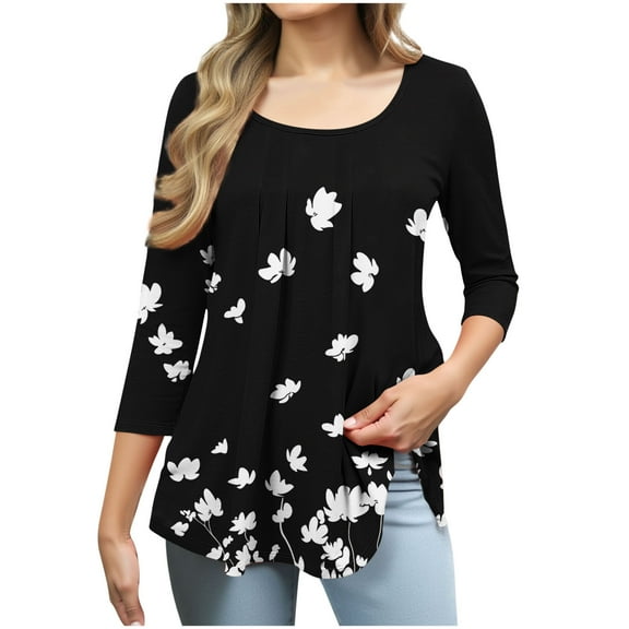CYMMPU Summer Trendy Shirts 3/4 Sleeve Scoop Neck Tunic Tops Boho Blouses for Women Dressy Casual Floral Printed Spring Tops Loose Fit A-line Pleated Tops T-Shirts Black XL