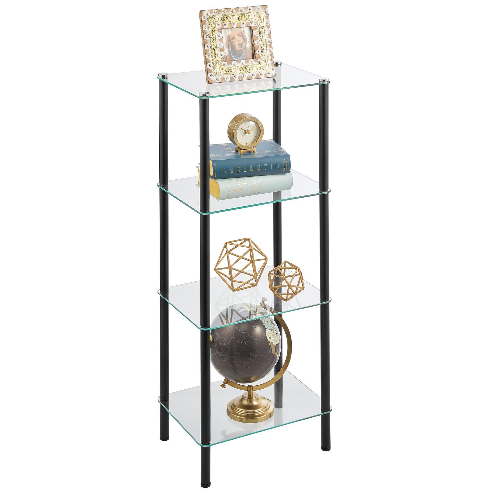 MDesign Tall 4-Tier Glass And Metal Freestanding Shelf Organizer Display  Unit Narrow Shelves For Bathroom, Kitchen, Bedroom, Office Open Shelving  ウォールシェルフ