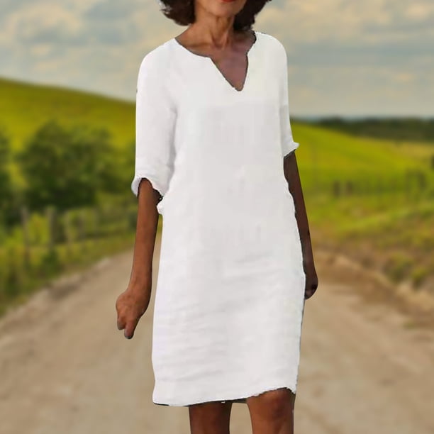 Vestido Vestido casual de mujer Vestido elegante de lino de algodón con manga 3/4 Vacaciones simples Cgtredaw Blanco T S para Mujer