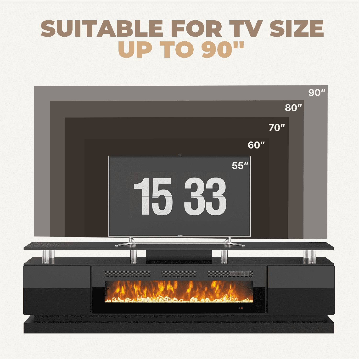 BaPiPro 90" Fireplace TV Stand for TVs up to 100", Modern Entertainment Center TV Console with Storage for Living Room, Black TV Stand and Black Fireplace