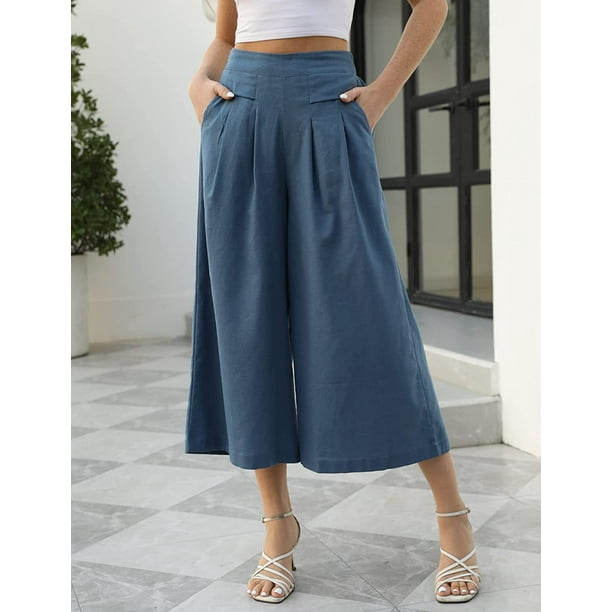 Pantalones de mujer de algodón elásticos con cintura ancha y largo hasta el tobillo, pantalones de trabajo con bolsillos, pantalones casuales, pantalones holgados para mujer