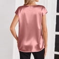 thumbnail image 4 of Women Silk Satin Tops Cap Short Sleeve Blouse V Neck Shirts Solid Color Business Casual Outfits Pink 2XL, 4 of 5