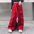thumbnail image 2 of Otqutp Kids Girls Cargo Pants Wide Leg Streetwear Kids Spring Summer and Autumn Pants With Pockets Trendy Jogger Elastic Waist Trousers(2-Red,4-5 Years), 2 of 7