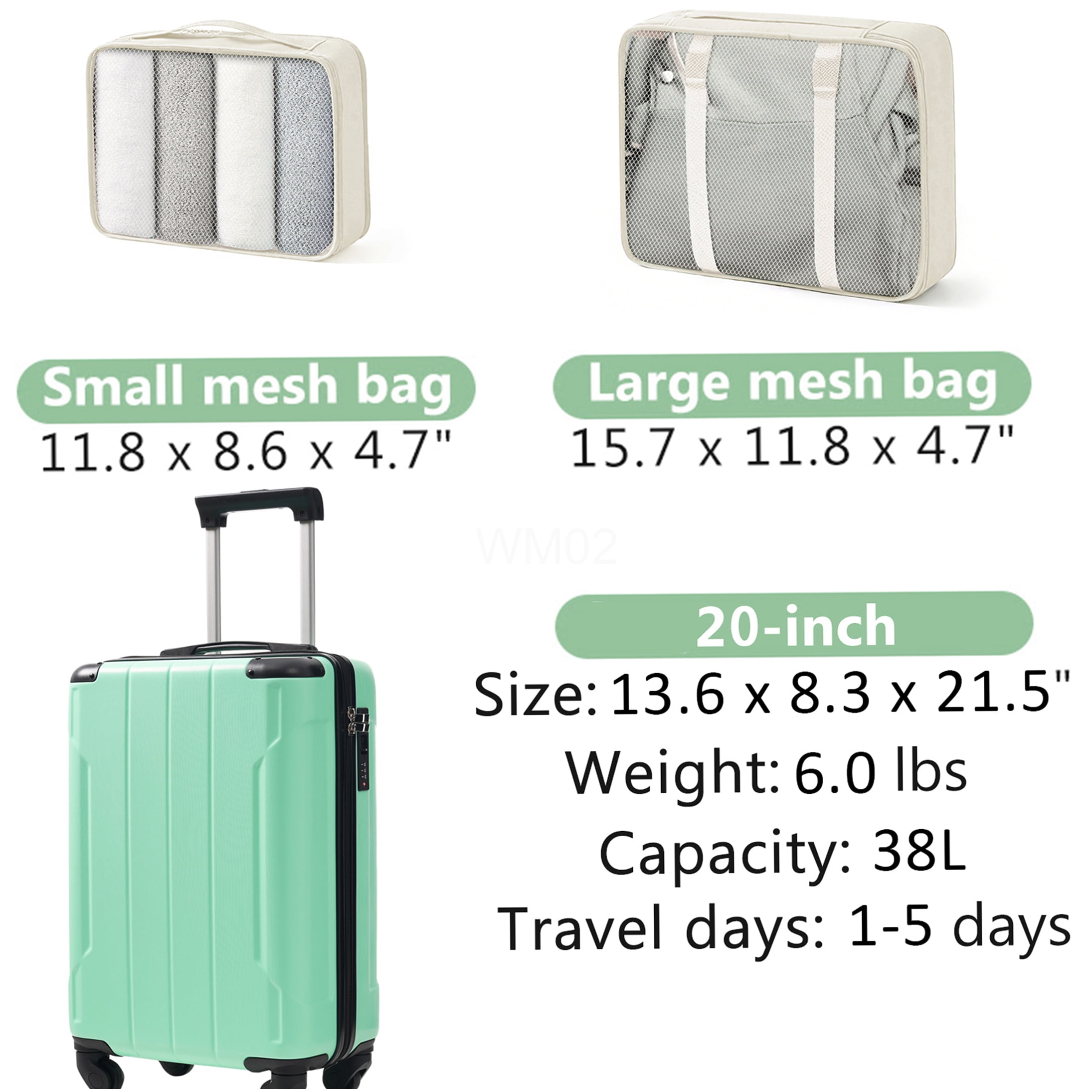 20 Inch Habshell Carry On Suitcase with Spinner Wheels, TSA Lock & Packing Cubes, Lightweight Durable ABS Luggage in Creamy Green