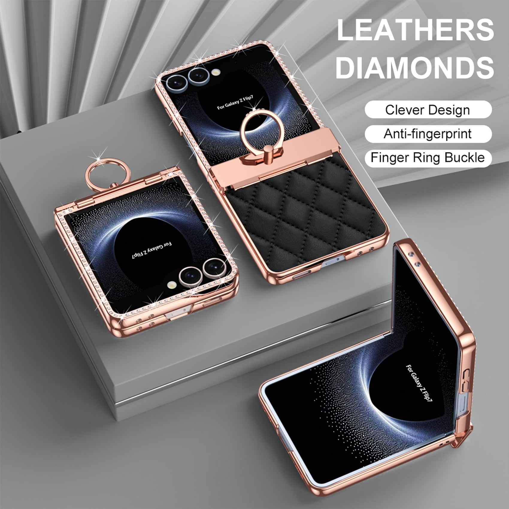 for Samsung Galaxy Z Flip 7 Case Hinge Protection with Finger Ring Holder, Premium PU Leather Hybrid PC All-Inclusive Diamond Bling Phone Case for Samsung Galaxy Z Flip 7 5G, Black