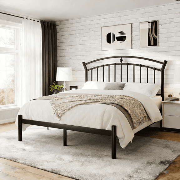 Winkalon Full Size Metal Platform Bed Frame with Victorian Style Iron-Art Headboard, Easy Assembly, Under Bed Storage, No Box Spring Required,Black