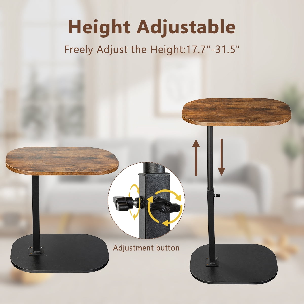 SolarSoda C Shaped Side Table, 360° Swivel End Table for Living Room, Height Adjustable(Brown)