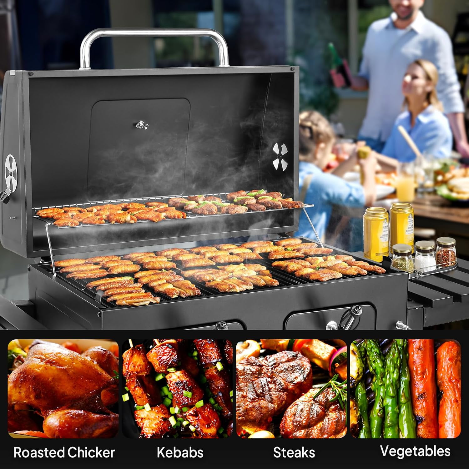 ROVSUN Charcoal Grill with Two Foldable Side Tables, Extra Large Cooking Area of 794 SQIN, Two Individual Lifting Charcoal Trays, Pull-out Ash Tray, Perfect BBQ Grill for Outdoor Picnic, Black