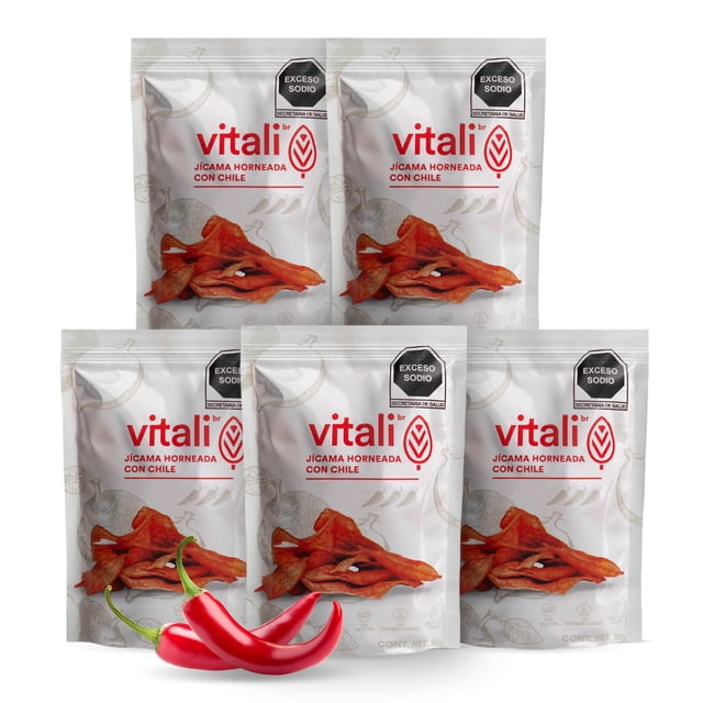 VITALI | Snacks Saludables - Caja Jícama Horneada con Chile x5 Unidades | 50gr por unidad | Botanas Horneadas Saludables Sabor Chile y Crujientes | Sin Gluten | Producto Vegano y 100% Natur