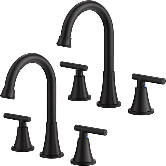 Robinets de Salle de Bain pour Évier 3 Trous, Robinet d'Évier de Salle de Bain Noir Mat Hurran avec Conduites de Vidange et d'Alimentation, Acier Inoxydable Sans Plomb à Grand Diffusion