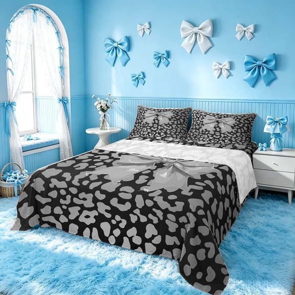 Homewish Kawaii Bowknot Bed Sheets for Girls, Leopard Cheetah Print Full Size Sheets, 4-Piece (1 Flat Sheet, 1 Fitted Sheet and 2 Pillowcases)