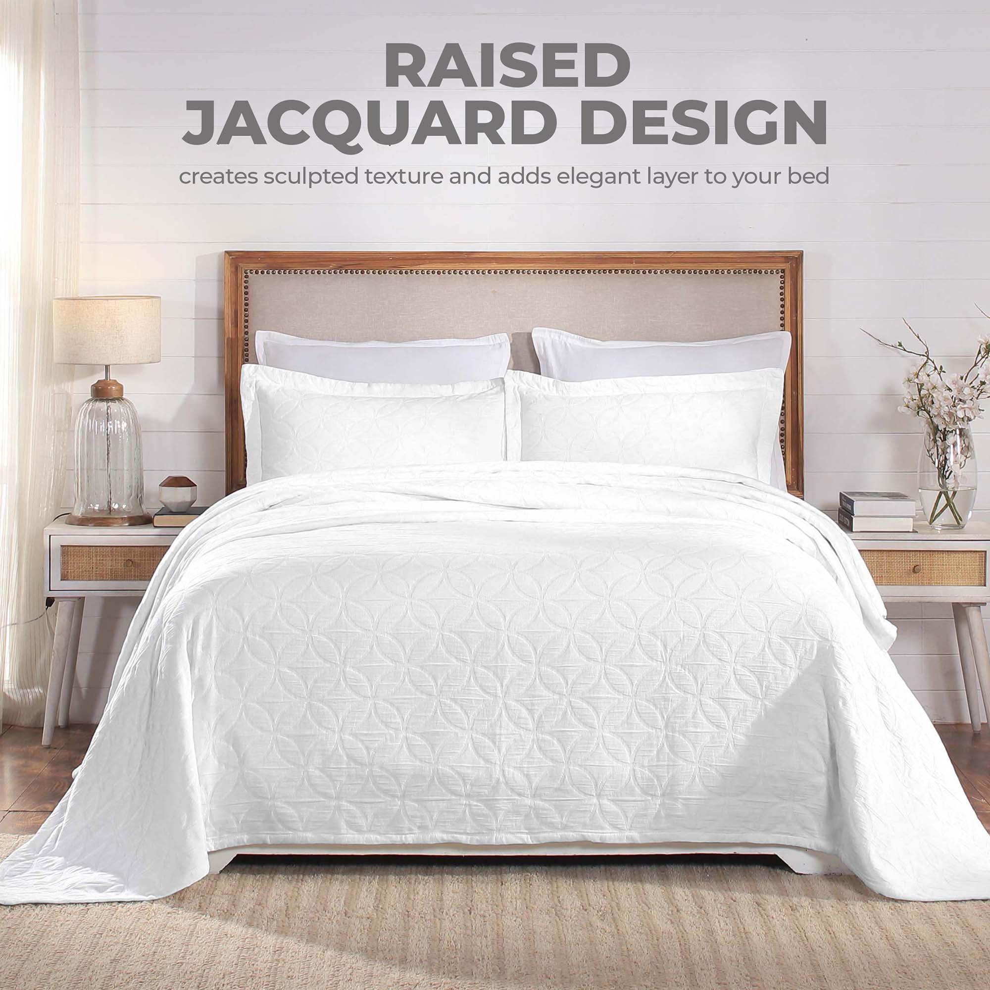 Superior 3-Piece Serenity Cotton Matelasse Line Bedspread Set, Oversized Bedspreads, Full, White