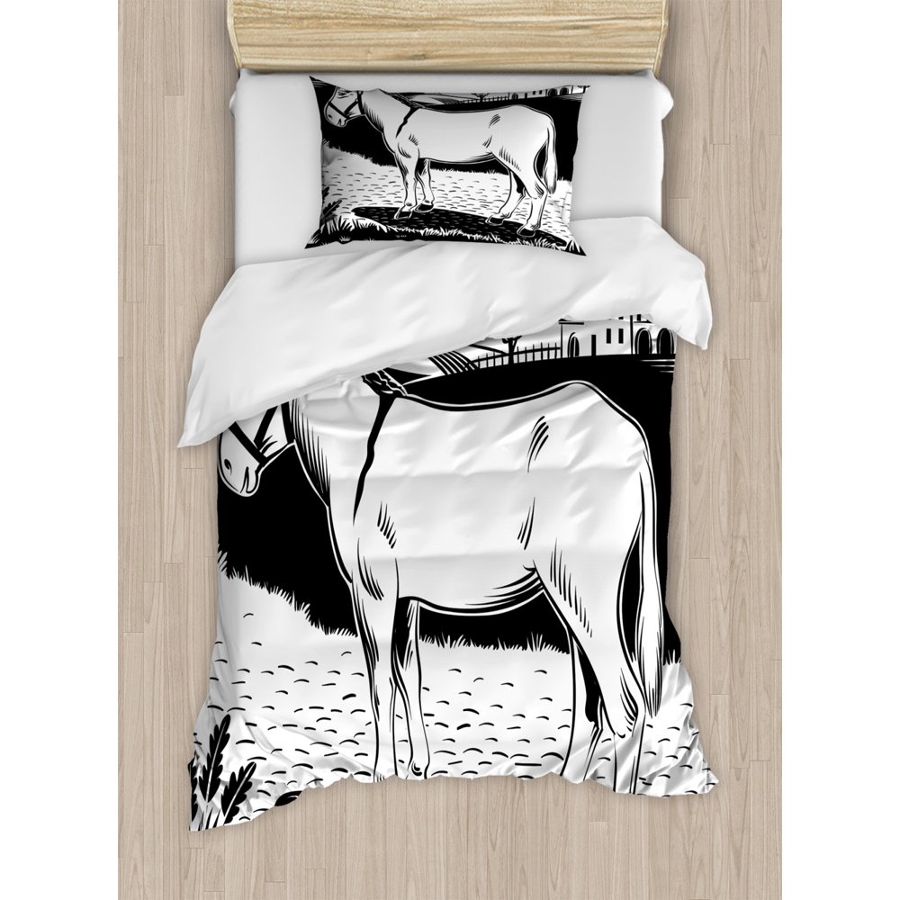 Donkey Duvet Cover Set Twin Size, Donkey Standing on the Side of a Road