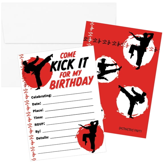 Distinctivs Red and Black Karate Birthday Party Invitations with Envelopes, 10 Invites