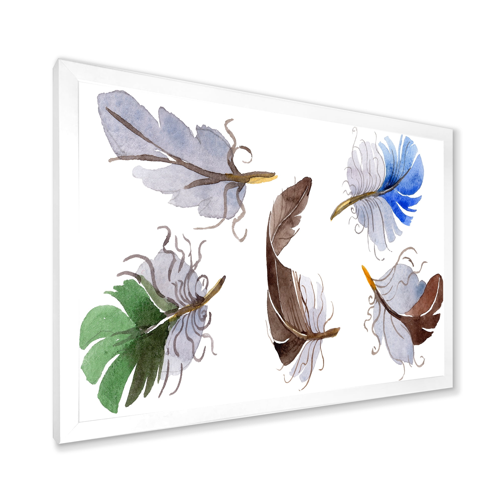 Designart 'Colourful Boho Feather Set On White IV' Bohemian & Eclectic Framed Art Print