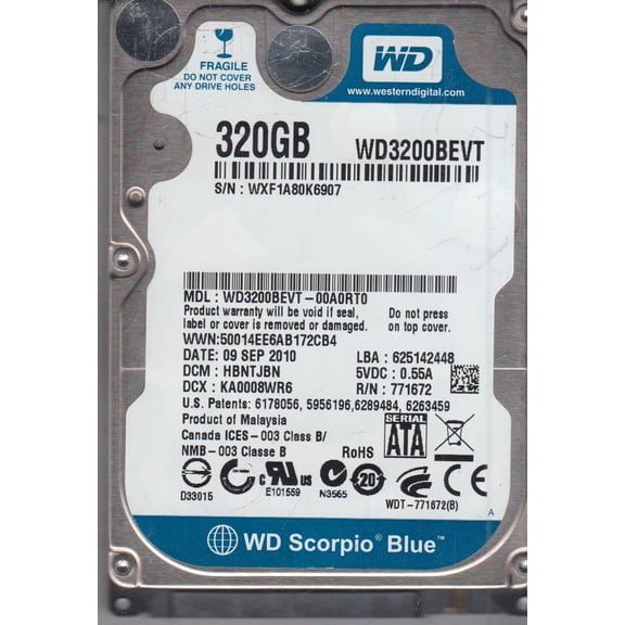 WD3200BEVT-00A0RT0, DCM HBNTJBN, Western Digital 320GB SATA 2.5 Hard Drive