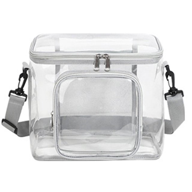 Bolsa de almuerzo transparente para adultos, grande, resistente, transparente, aprobada para mujeres y hombres, con correa de hombro ajustable, bolsillo frontal con cremallera, transparente