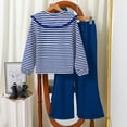 thumbnail image 4 of Owordtank Girls Trendy Casual Sweatsuit: 2-Piece Striped Print Collar Pullover Sweatshirt & Flare Pants, Fall Winter School & Play Outfit, 4 of 5