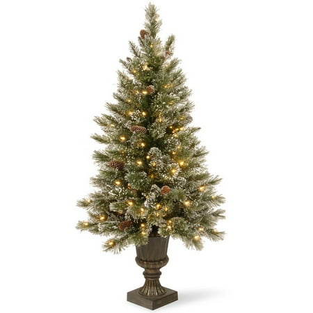 National Tree Pre-Lit 4' Glittery Bristle Pine Entrance Artificial Christmas Tree with White Tipped Cones in a Dark Bronze urn with 100 Clear
