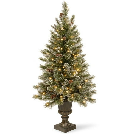 4' Single Tip National Tree Pre-Lit 4' Glittery Bristle Pine Entrance Artificial Christmas Tree with White Tipped Cones in a Dark Bronze urn with 100 Clear Lights ()