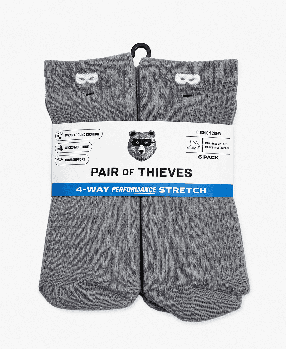 Pair of Thieves Men's Performance Stretch Crew Socks, 6-Pack, Shoe Sizes 6-12