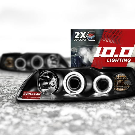 - 10.0 Ford Mustang 99-04 Projector Headlights Pair w/ CCFL DRL Halo and EVRCLEAR Protection - Black Housings/Clear Lens - Left and Right Driver Passenger Replacement Assembly Housing