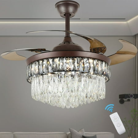

AFANQI Brown Crystal Ceiling Fan with Light 42 Modern Remote Control Retractable Blades Fandelier 3 Speed 3 Color LED Chandelier Fan for Living Room Bedroom