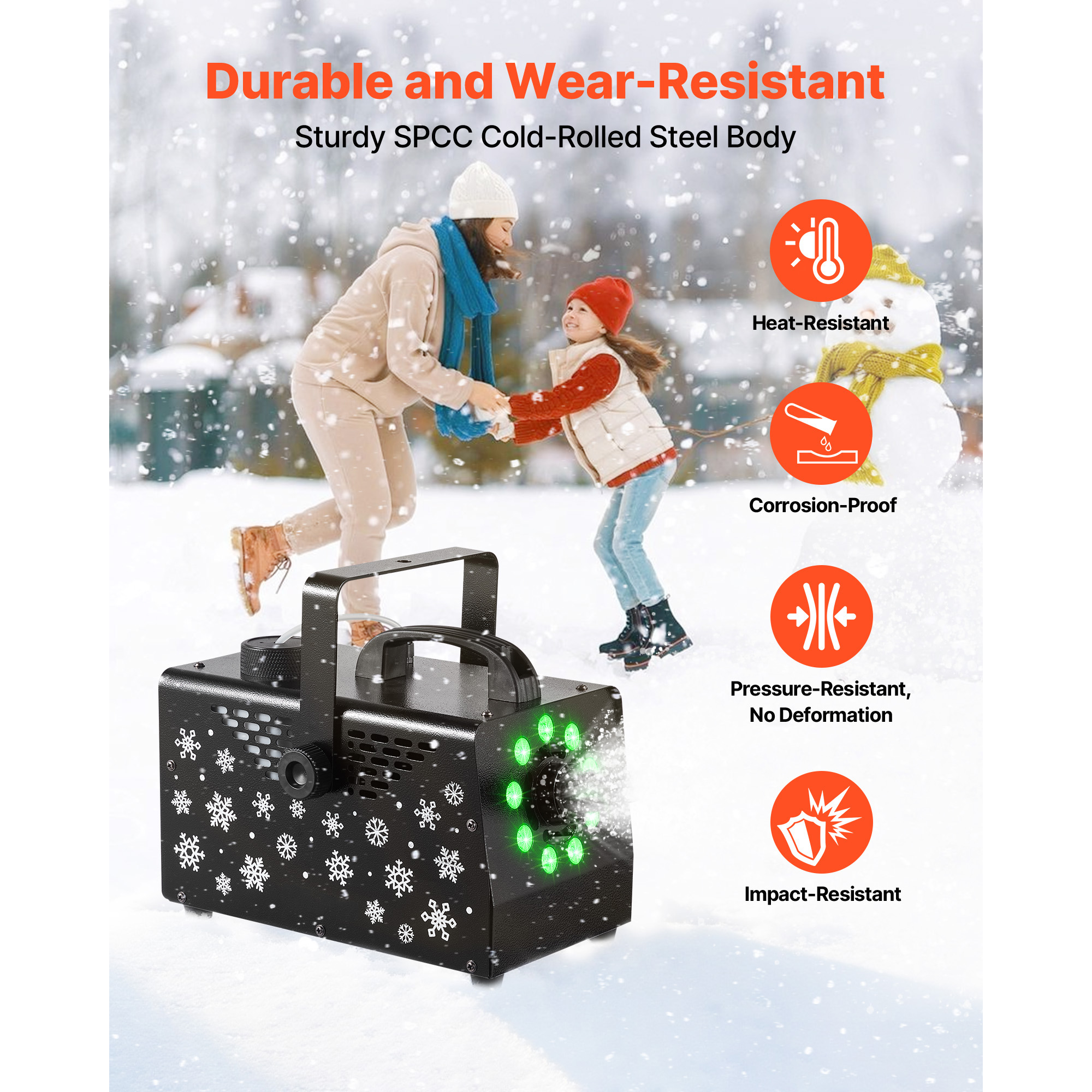 KFFKFF 900W Snow Machine with 9 LED RGB Lights, 12 Color Options, and Wireless Remote, Versatile Handheld or Hanging Design, 1L Tank for Outdoor Snow Effects at Christmas Parties