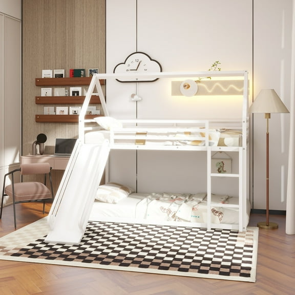 Twin over Twin House Bunk Bed with Ladder and Slide,White