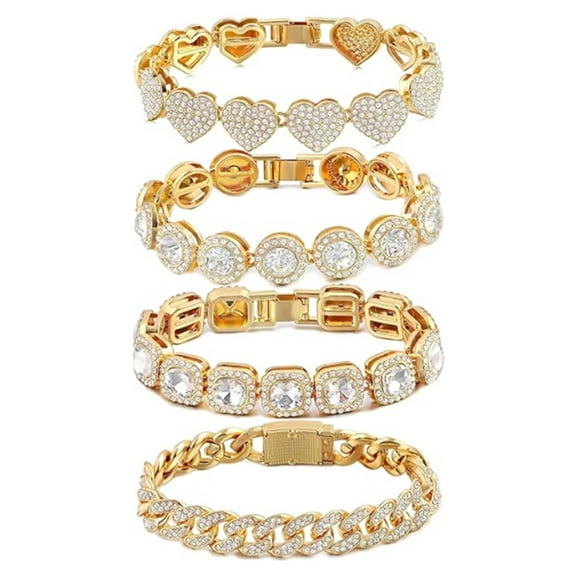 4PCS Gold Bracelets for Women Silver Clustered Tennis Bracelet for Women Heart Round Diamond Cuban Bracelet Layered Link Bracelet Set Fashion Jewelry for Women Set