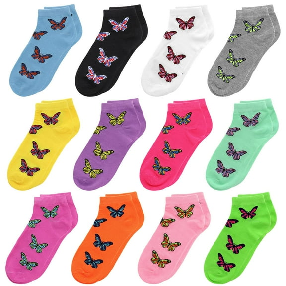 12 Pairs Women's Ankle Socks Assorted Color Butterfly Size 9-11