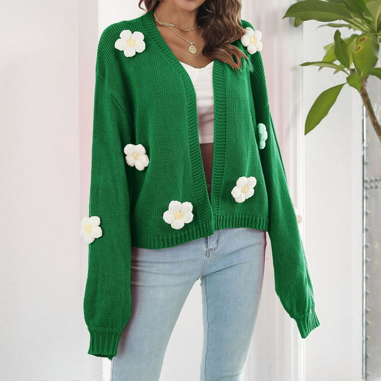 Knit Cardigan Sweater for Women Embroidered Flowers Drop Shoulder