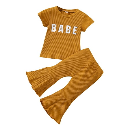 

Letter Printed Toddler Girls Outfits Short Sleeve Letter T Shirt Ribbed Solid Pants 2PCS Children Kids Spring Summer Casual Cartoon Fashion Outwear Streetwear Sets