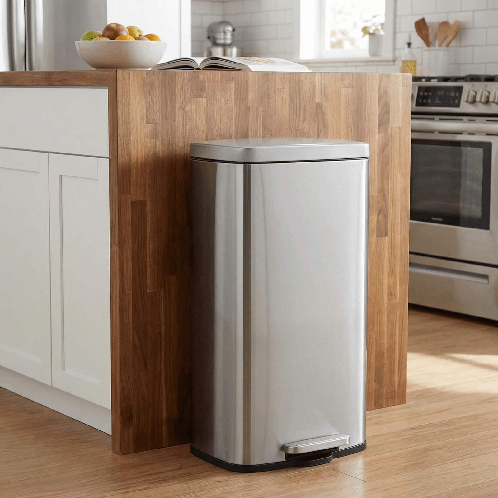 TLSUNNY 8 Gallon Stainless Steel Trash Can with Soft-Close Lid & Step Pedal, Kitchen Garbage Bin, for Home/Office