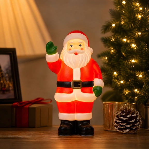 Light-Up Santa Claus Figurine, Waving Resin Christmas Tabletop Decoration with Warm LED Lighting for Mantel Shelf Desk and Holiday Display