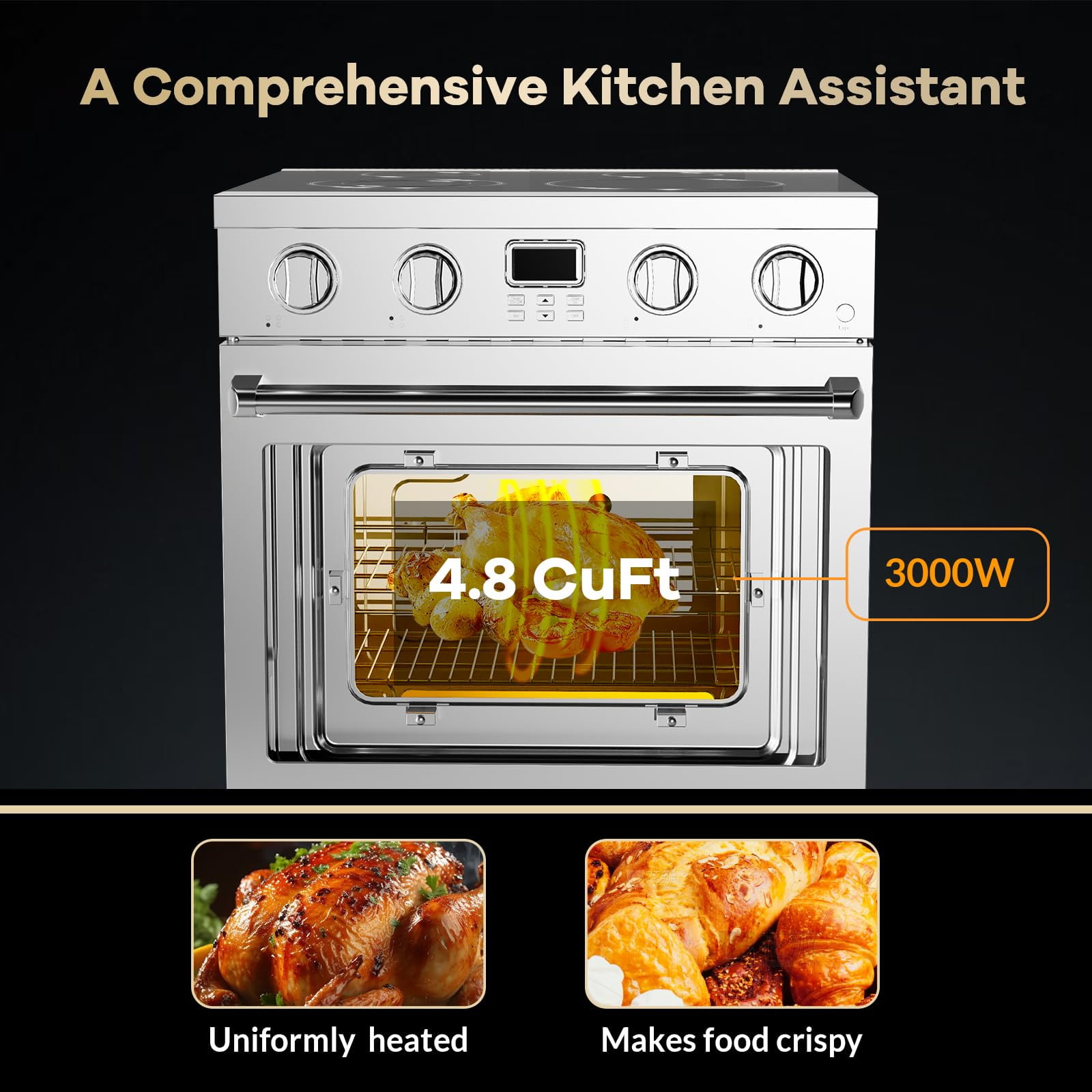 30" Electric Range with 4 Heating Elements Convection Oven 4.8 Cu. Ft. Capacity, 6 Functions - Professional Electric Range Oven with Smooth Glass Top