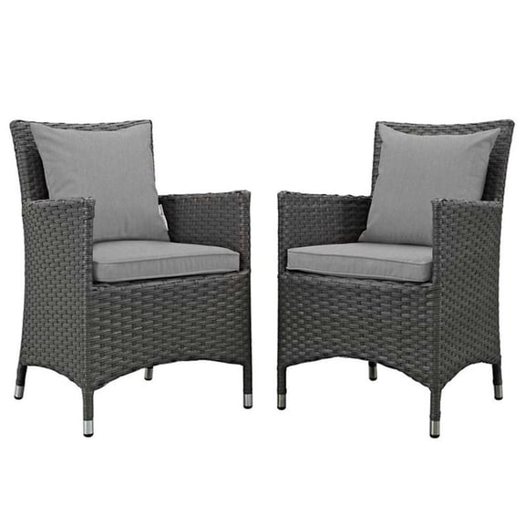 Pemberly Row 16.5" Rattan Patio Dining Arm Chair in Canvas Gray/Gray (Set of 2)