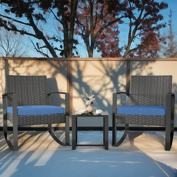 Lofka 3-Piece Outdoor Rocking Chairs, Patio Furniture Set with Thickened Cushions and Coffee Table for Garden, Balcony,  Porch, Backyard, Blue