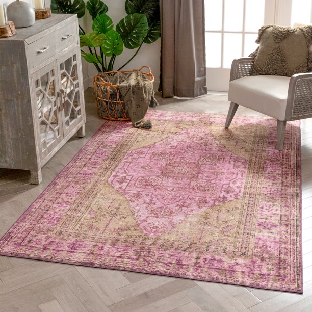 Well Woven Nile Gila Vintage Bohemian Medallion Botanical Border Pink 7